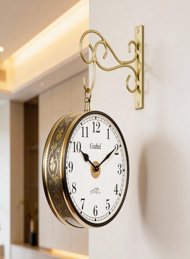 CRAFTEL Metal Analog Double Sided Vintage English Roman Station Wall Clock with Brass in dial (Shiny Gold_8 Inches) - Image 1